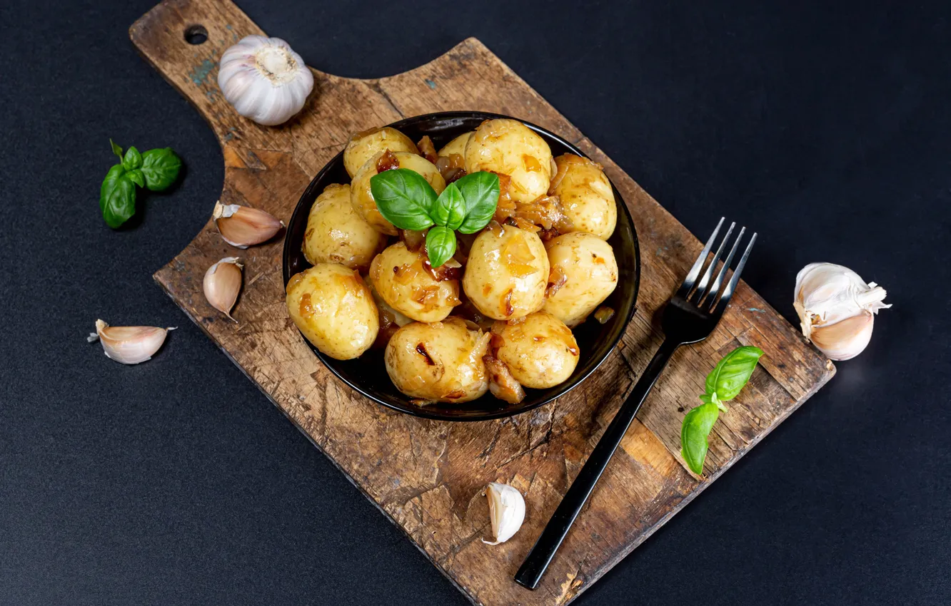 Photo wallpaper garlic, potatoes, Basil