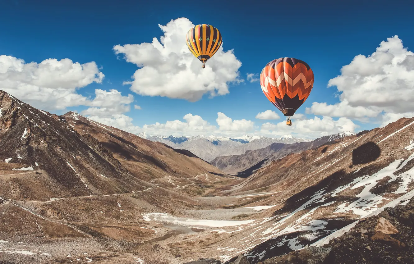 Photo wallpaper the sky, clouds, snow, mountains, balloons, India, Ladakh, Ladak