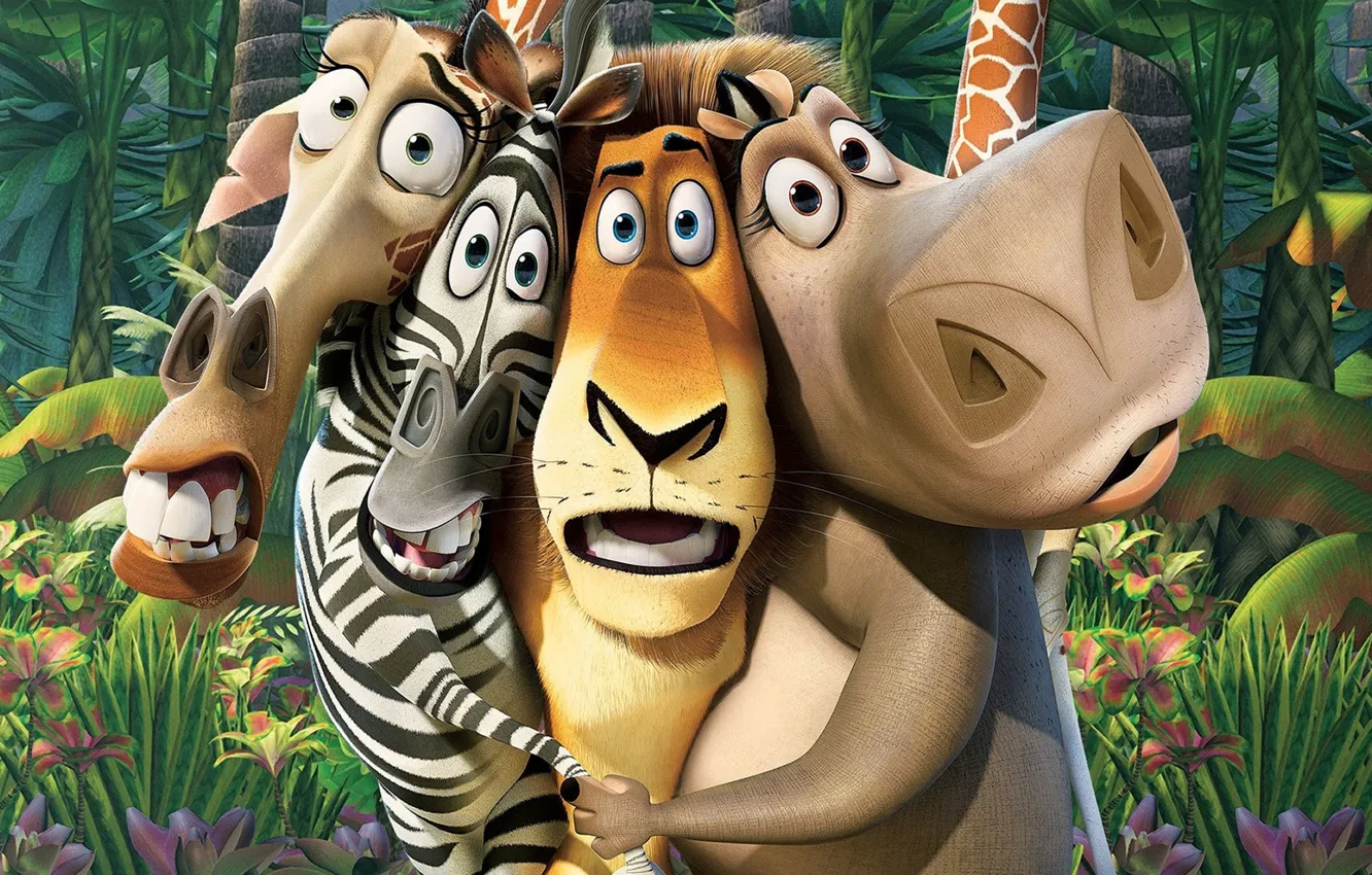 Photo wallpaper lion, hippo, Gloria, Madagascar, giraffe, zebra, Alex, Melman