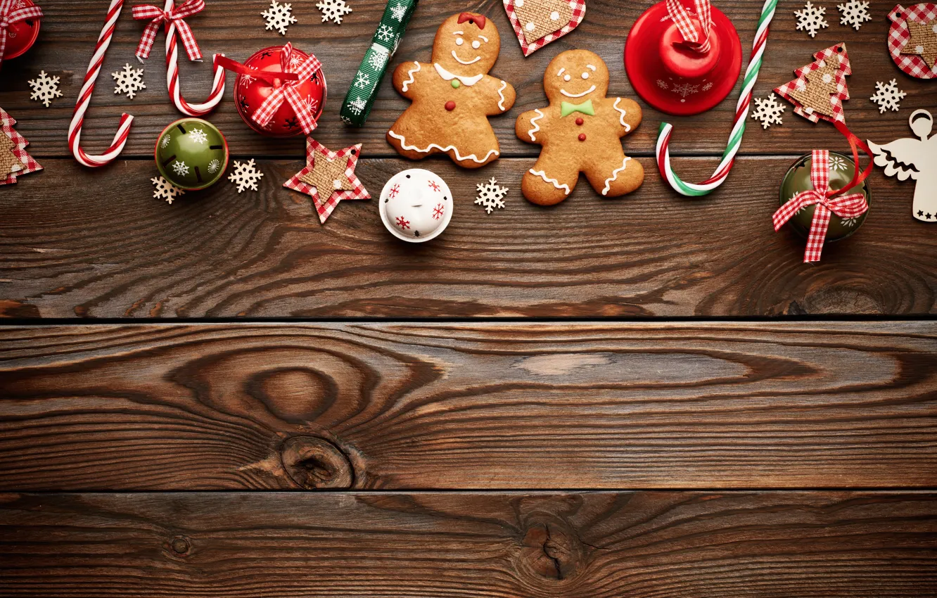 Photo wallpaper New Year, Christmas, christmas, balls, wood, merry christmas, gift, cookies