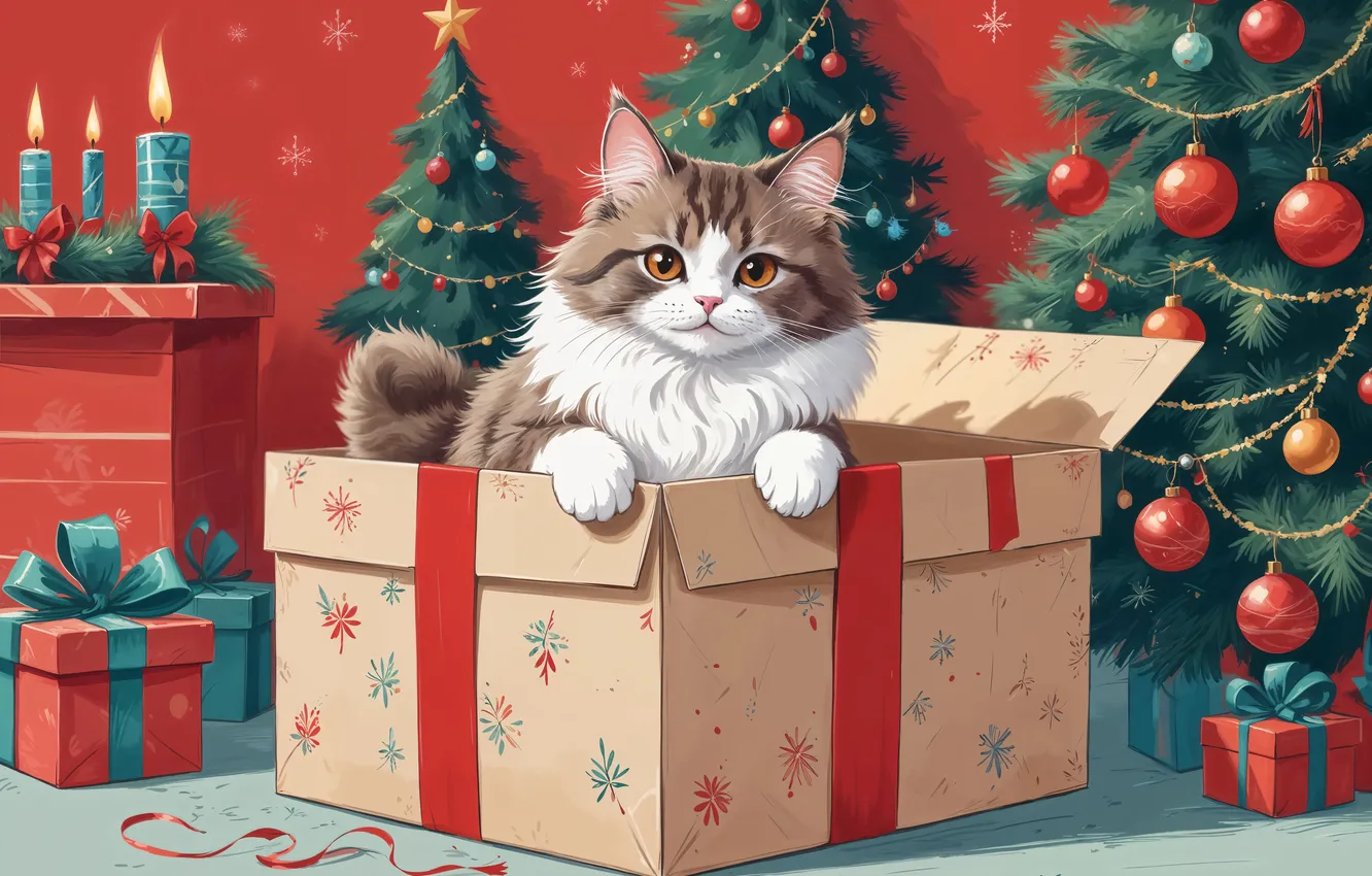 Photo wallpaper cat, cat, box, toy, tree, new year, Christmas, digital art