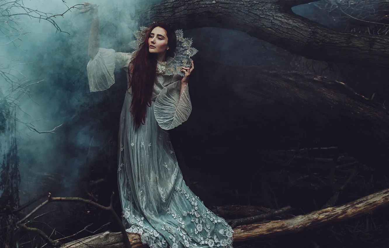Photo wallpaper forest, girl, trees, pose, fog, trunks, the darkness, hands
