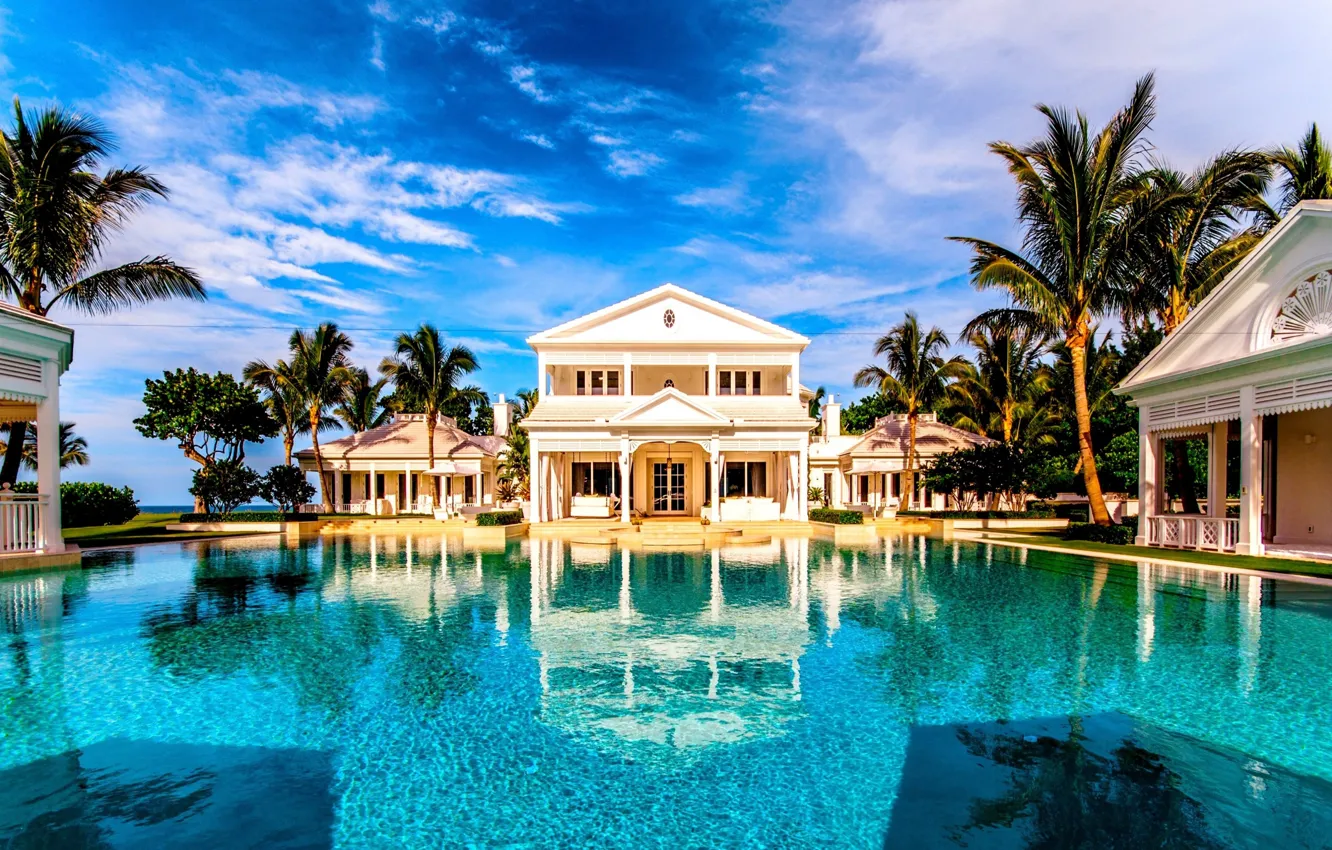 Photo wallpaper the sky, palm trees, blue, pool, the hotel, pool, hotel