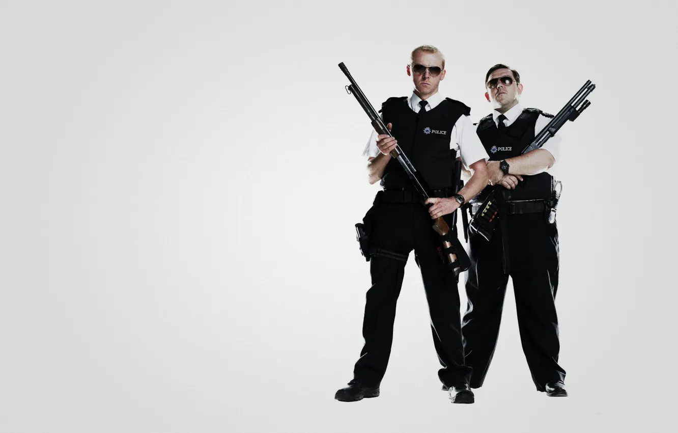 Photo wallpaper weapons, gun, police, Simon Pegg, Nick Frost, Simon Pegg, police, Fuzz