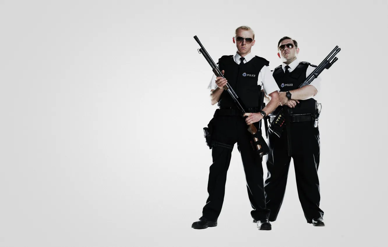 Photo wallpaper weapons, gun, police, police, Simon Pegg, Nick Frost, Simon Pegg, Fuzz