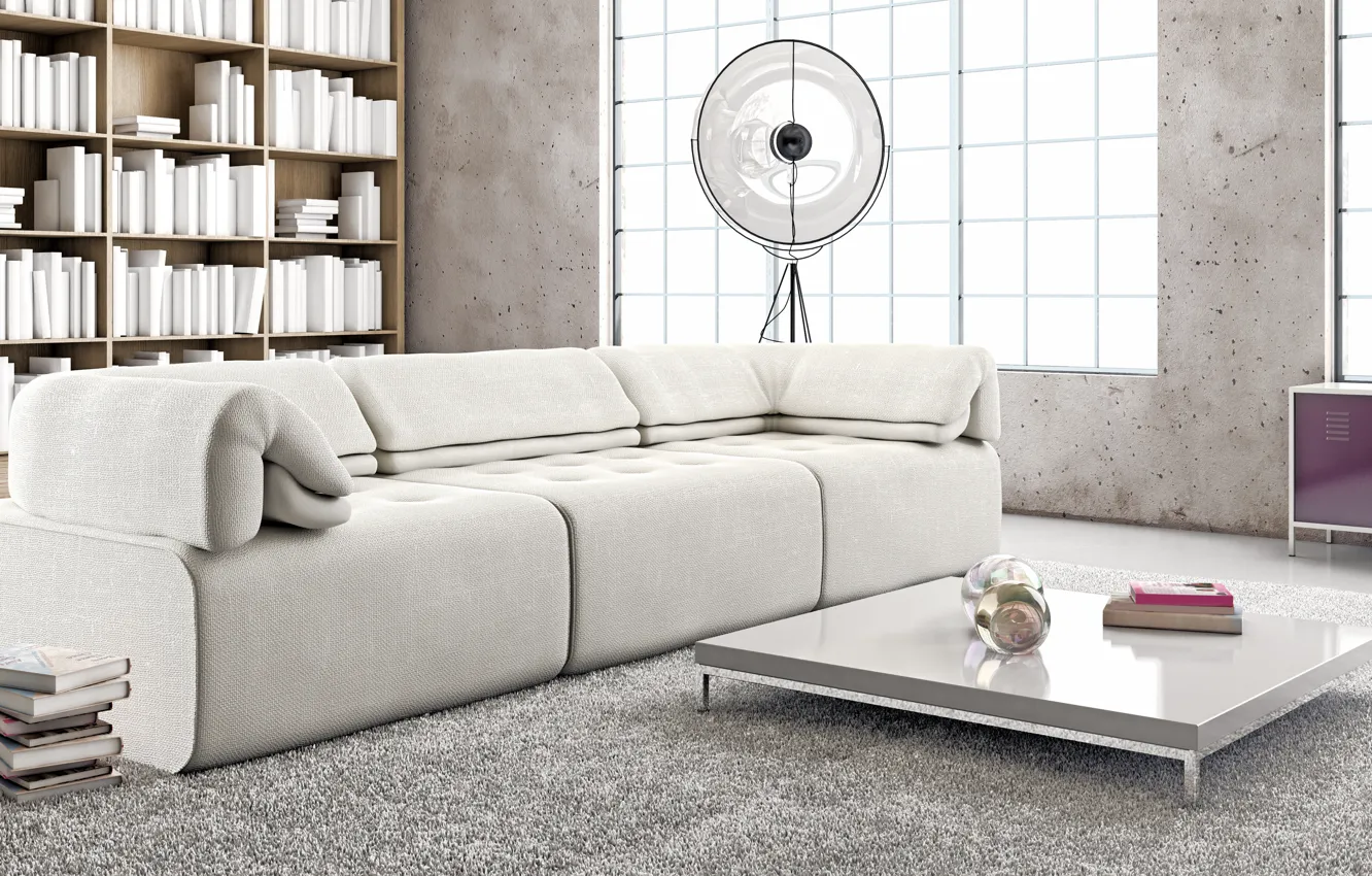 Photo wallpaper sofa, books, carpet, table