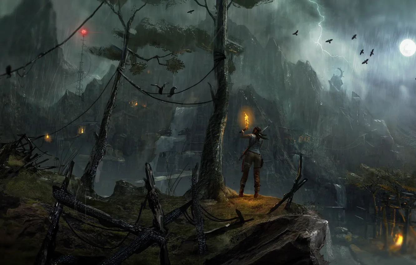 Photo wallpaper birds, rain, the moon, lightning, torch, TOMB RAIDER, girl., Lara Croft