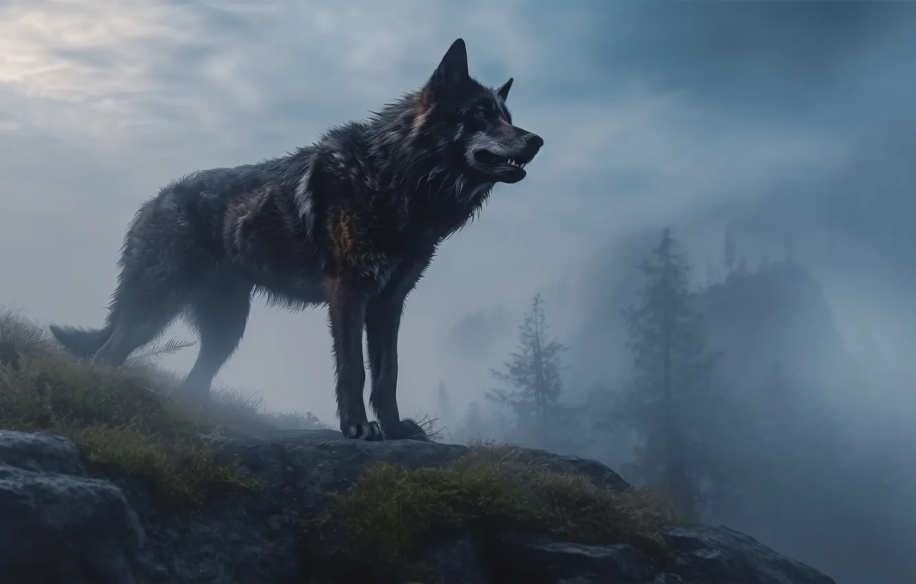 Photo wallpaper trees, mountains, wolf, predator, digital art, AI art, The Art of Artificial Intelligence, neural network