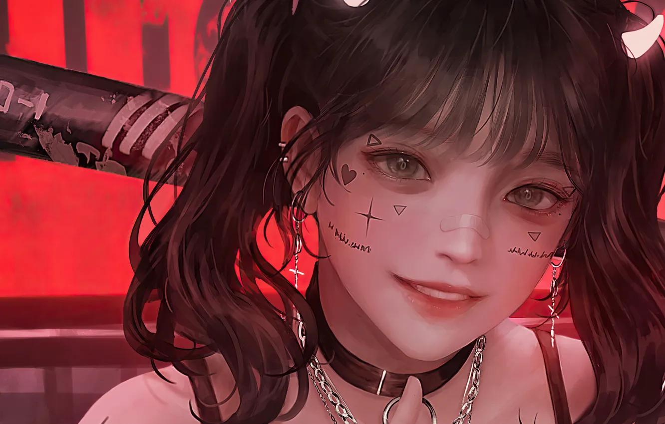 Photo wallpaper red, girl, green eyes, heart, anime, pretty, tattoo, bat