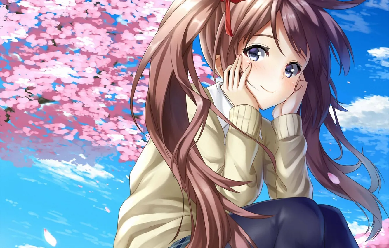 Photo wallpaper smile, the wind, Sakura, art, girl, ponytail, sitting, Alex master