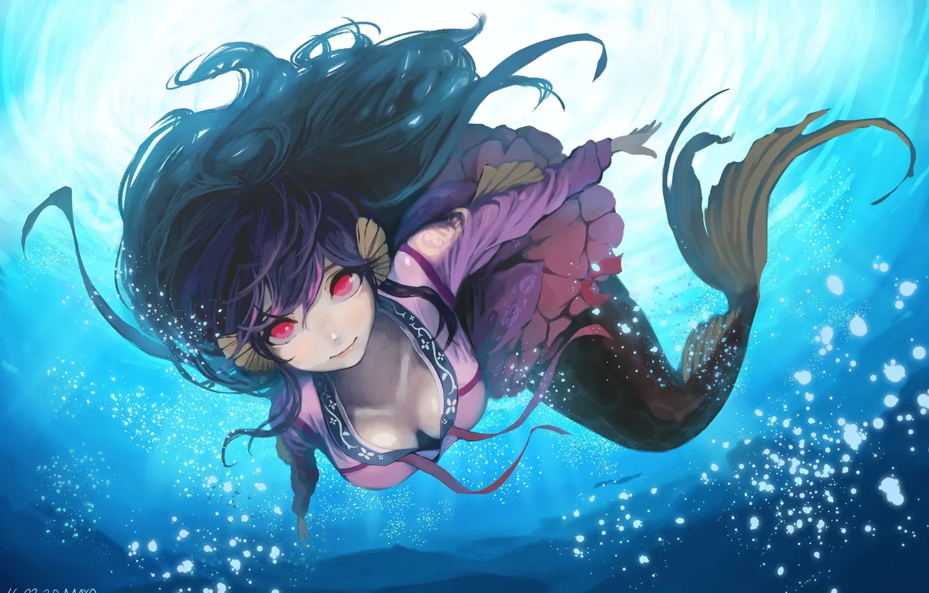 Photo wallpaper girl, smile, bubbles, mermaid, anime, art, under water, mayo