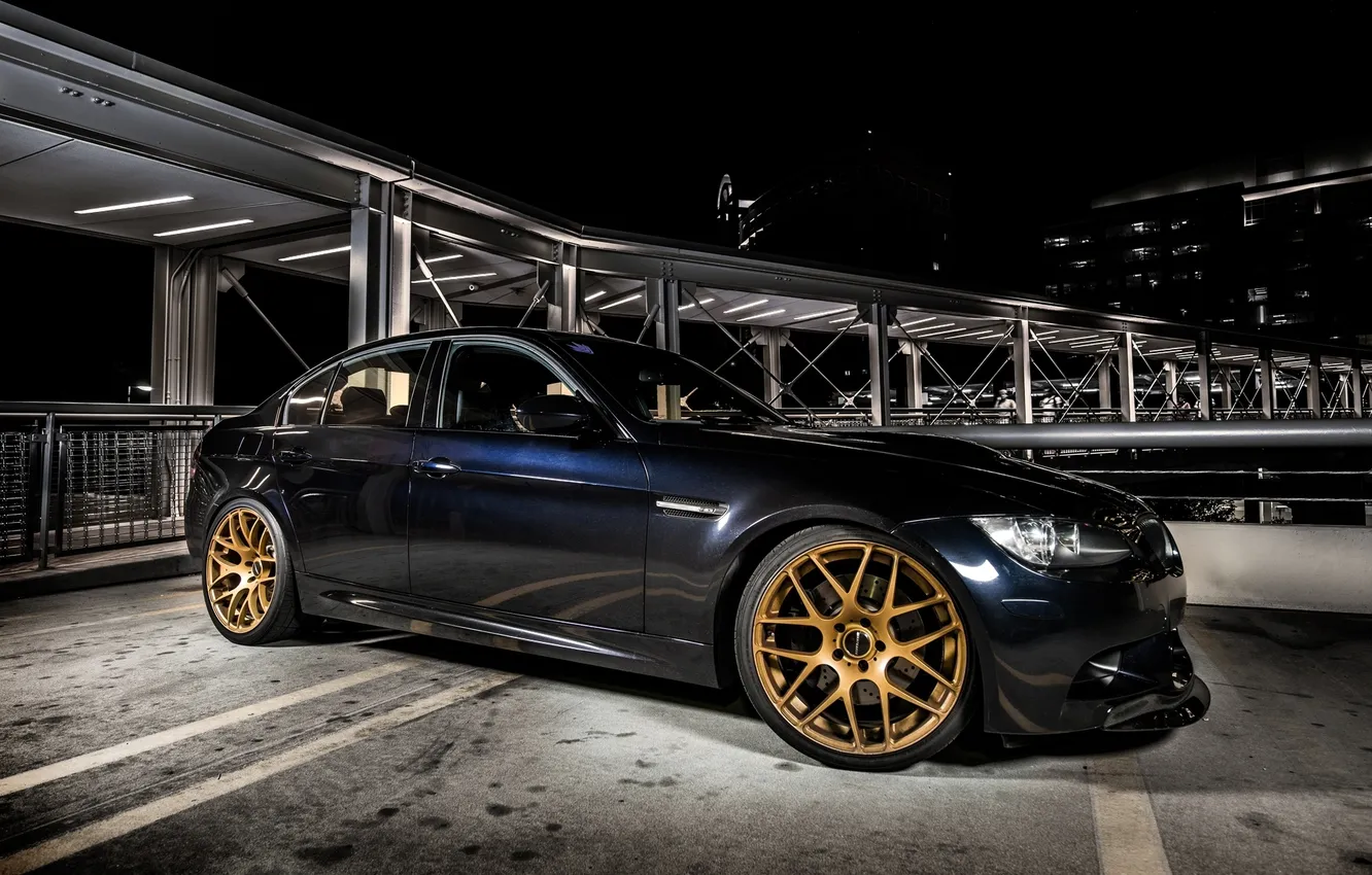 Photo wallpaper night, BMW, BMW, Parking, sedan, drives, side view, blue