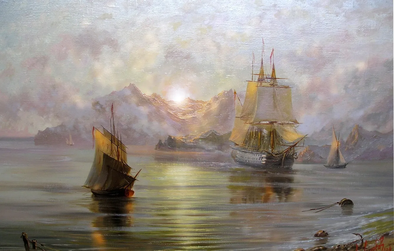 Photo wallpaper sea, landscape, mountains, dawn, boat, ship, beauty, picture