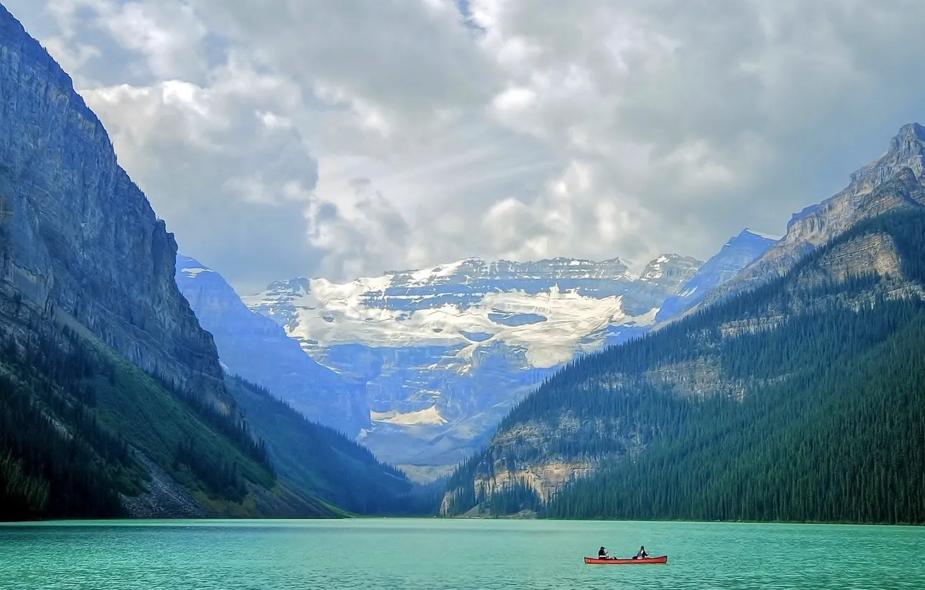 Photo wallpaper landscape, mountains, lake, boat, Banff National Park