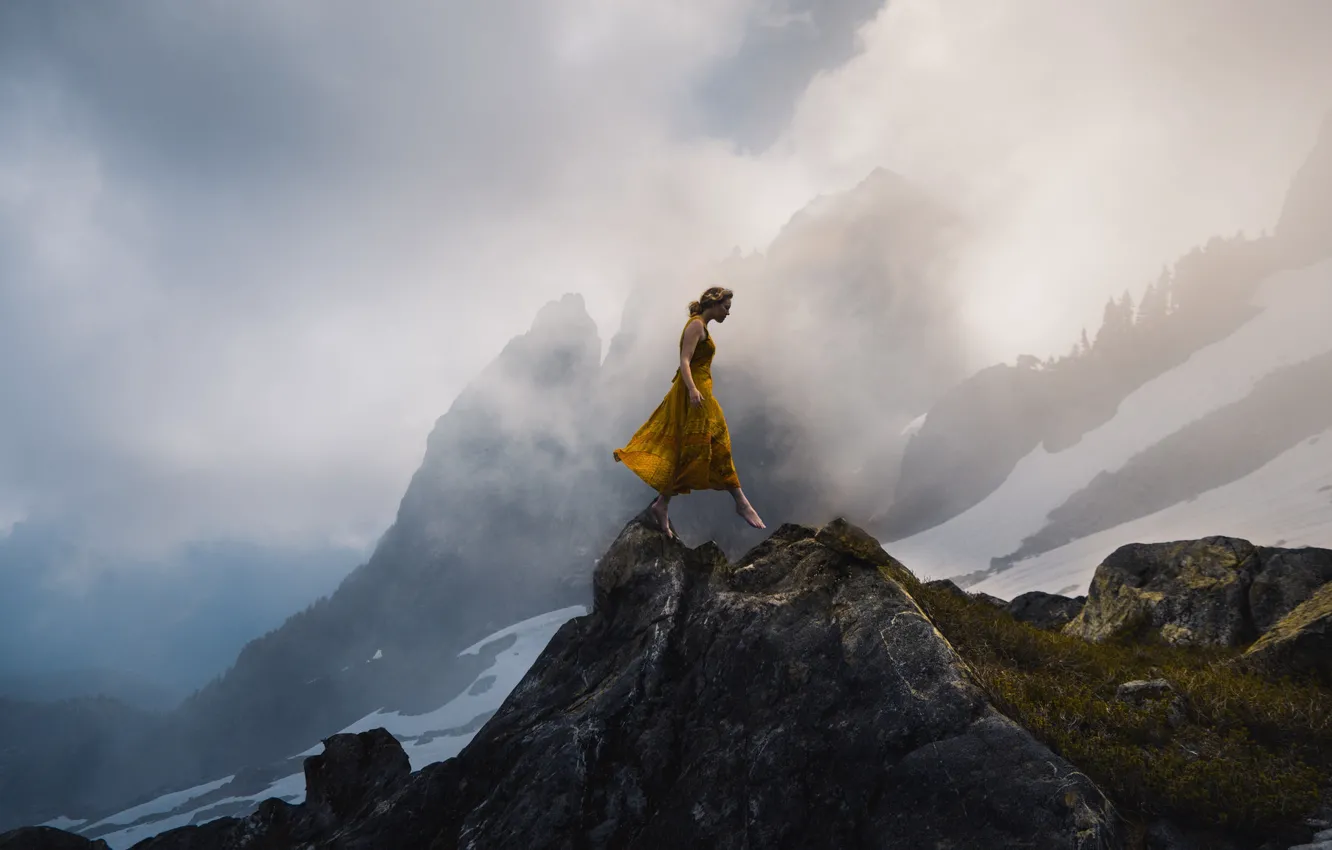 Photo wallpaper winter, the sky, girl, clouds, snow, mountains, yellow, fog