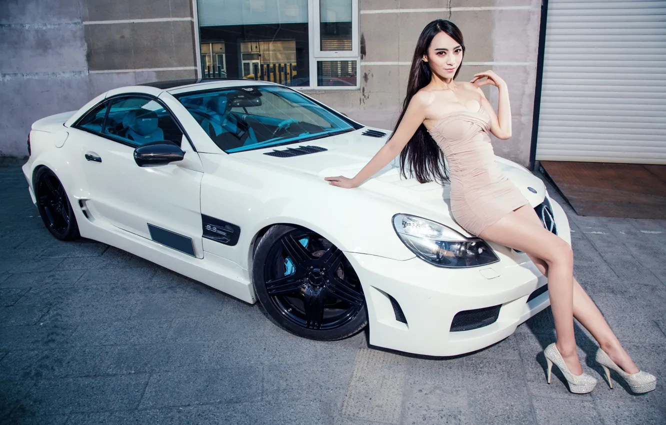 Photo wallpaper look, Girls, Mercedes, Asian, beautiful girl, white car, sitting on the hood