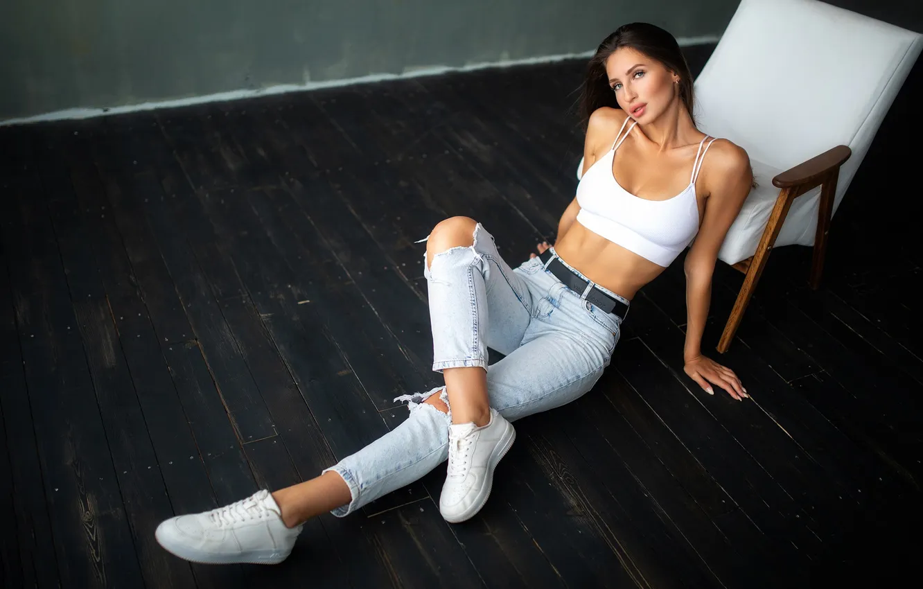 Photo wallpaper girl, pose, feet, chair, figure, top, on the floor, sneakers