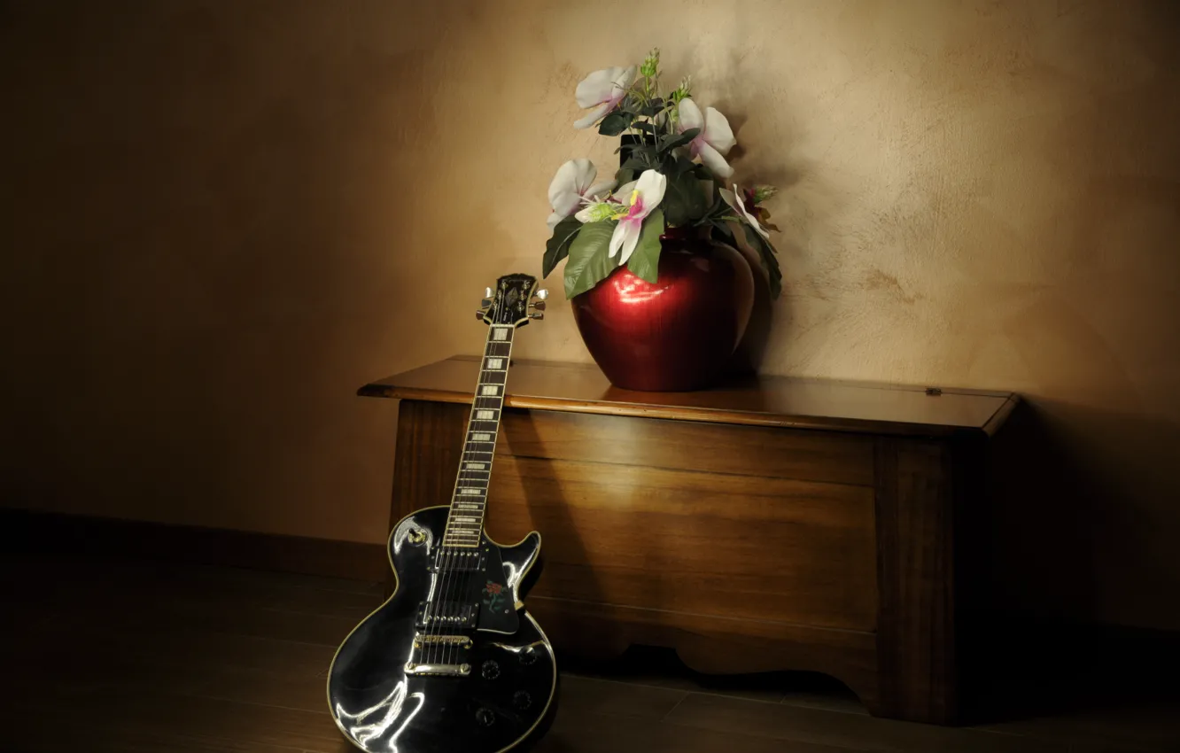 Photo wallpaper flowers, music, guitar