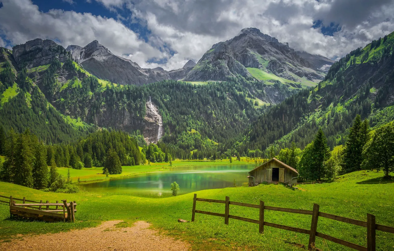 Photo wallpaper forest, mountains, lake, the fence, Switzerland, the barn, Switzerland, Bernese Alps