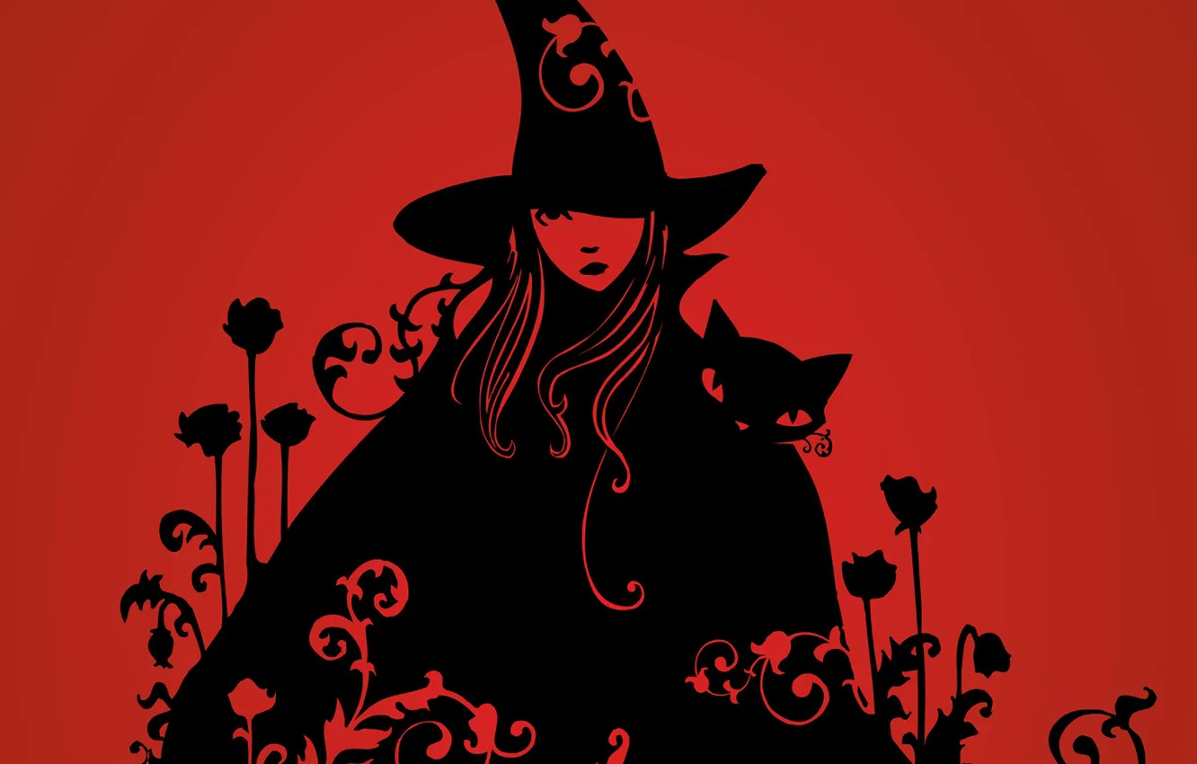 Photo wallpaper spell, black cat, halloween, red background, wicked witch, witch, witch hat, evil eye