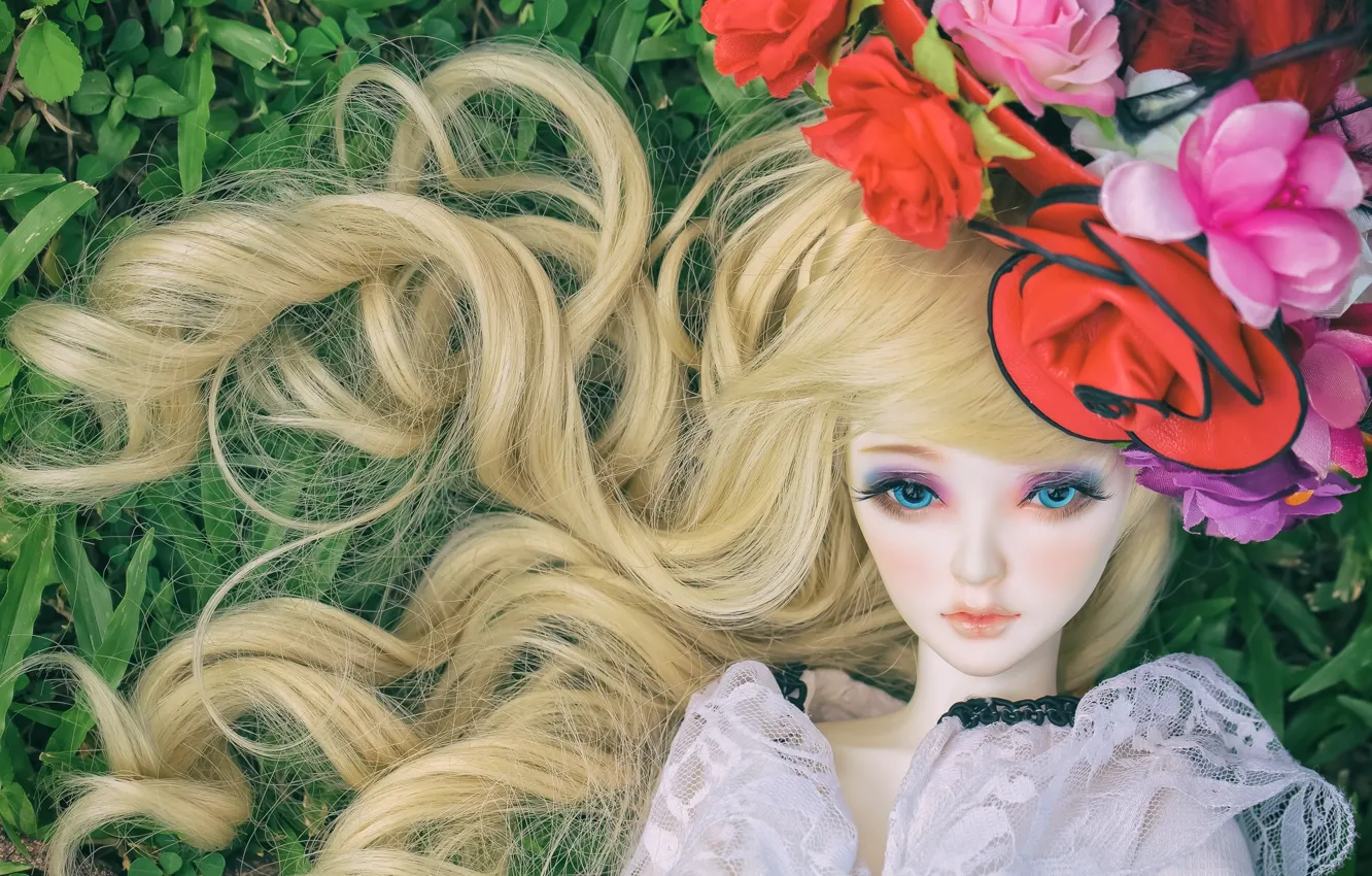 Photo wallpaper flowers, hair, toy, doll, hat