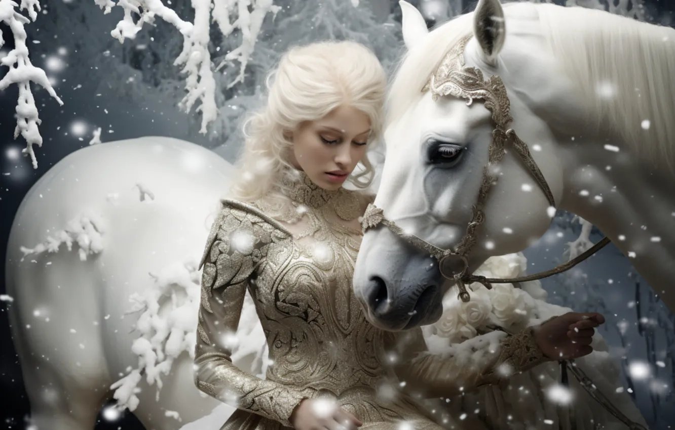 Photo wallpaper pose, horse, snow, AI art, winter, frost, blonde, white