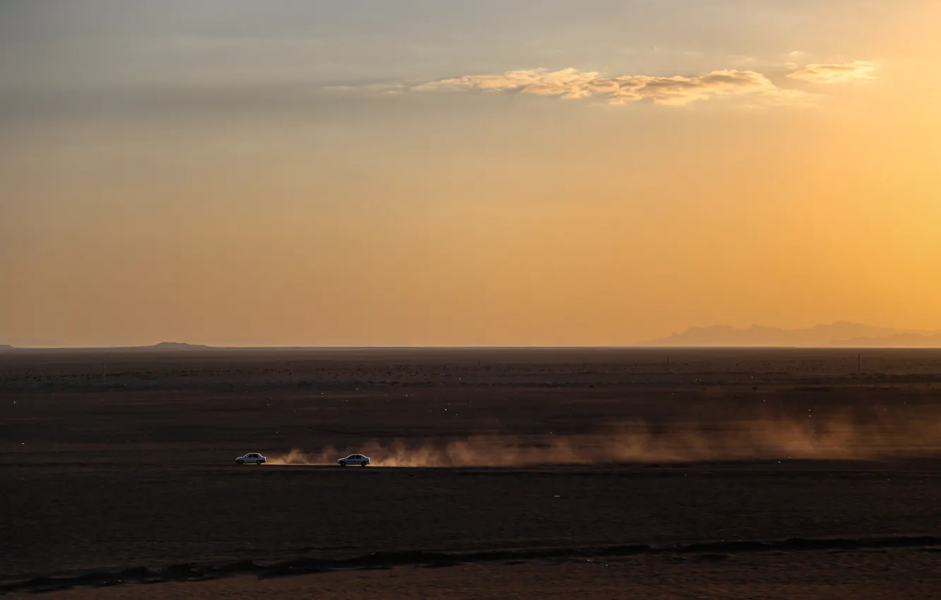 Photo wallpaper cars, desert, landscape, nature, clouds, run, Sun Goes Down, Sina Sadeqi