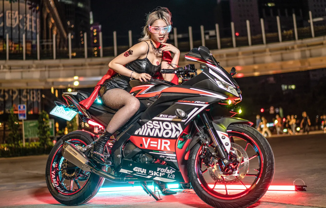 Photo wallpaper look, decoration, night, lights, pose, model, lamp, stockings