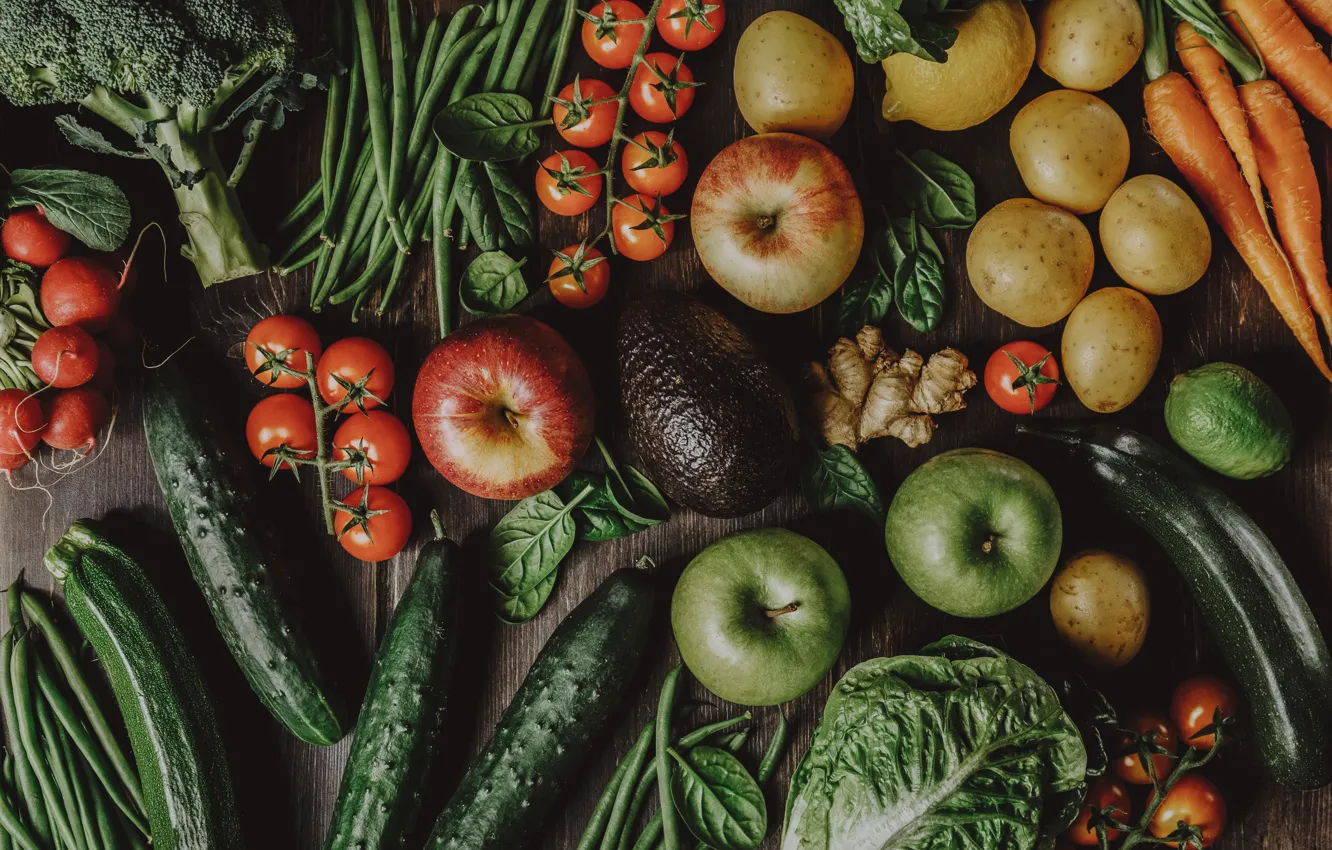 Photo wallpaper greens, fruit, vegetables, cuts