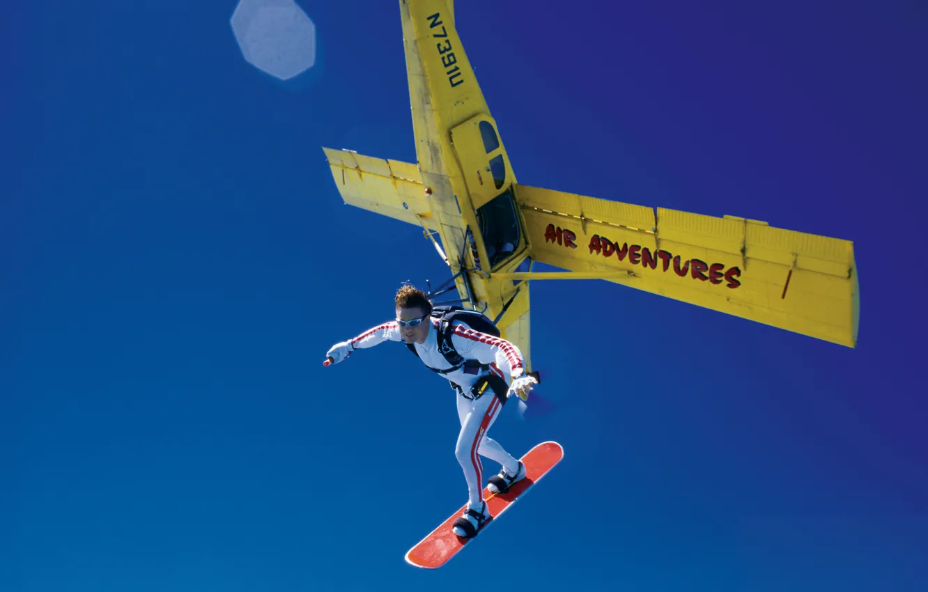 Photo wallpaper the sky, the plane, parachute, container, skydivers, extreme sports, parachuting, skysurfing