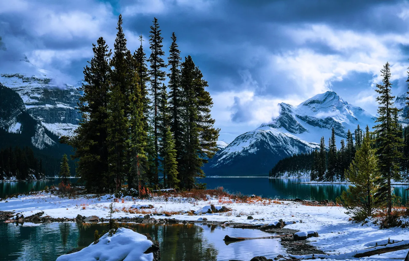 Photo wallpaper snow, trees, landscape, mountains, clouds, nature, ate, Canada