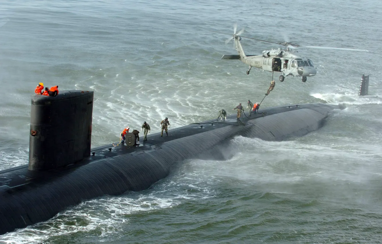 Photo wallpaper wave, people, ruffle, helicopter, submarine, NATO
