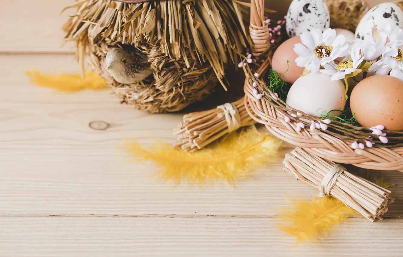 Photo wallpaper bird, basket, eggs, Easter, house, Holiday