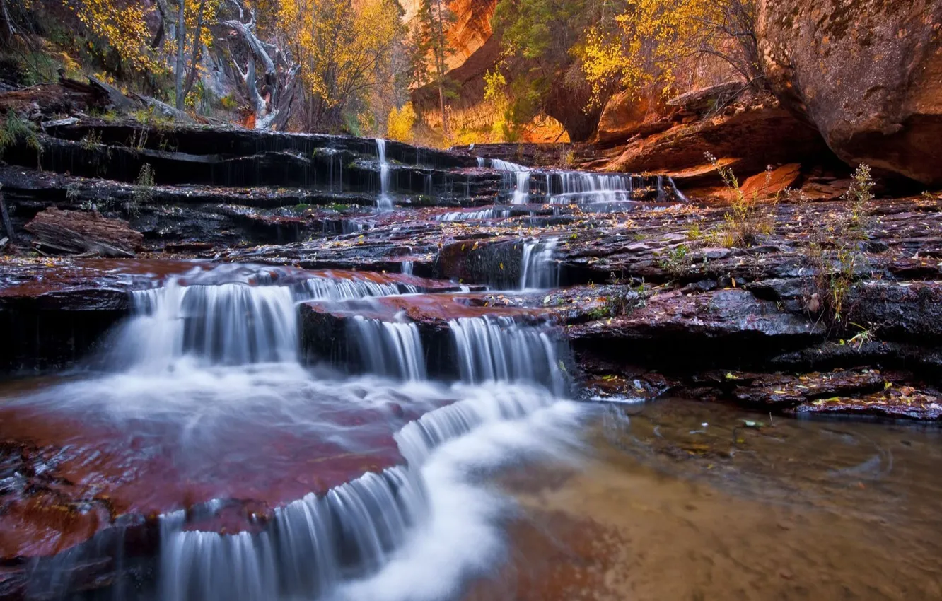 Photo wallpaper autumn, landscape, nature, river, rocks, waterfall
