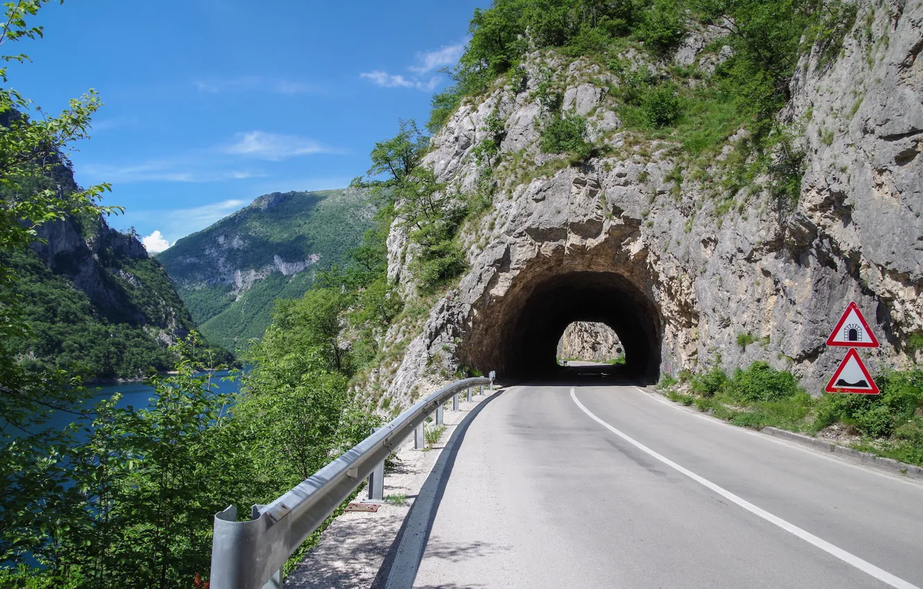 Photo wallpaper road, lakes, tunnel