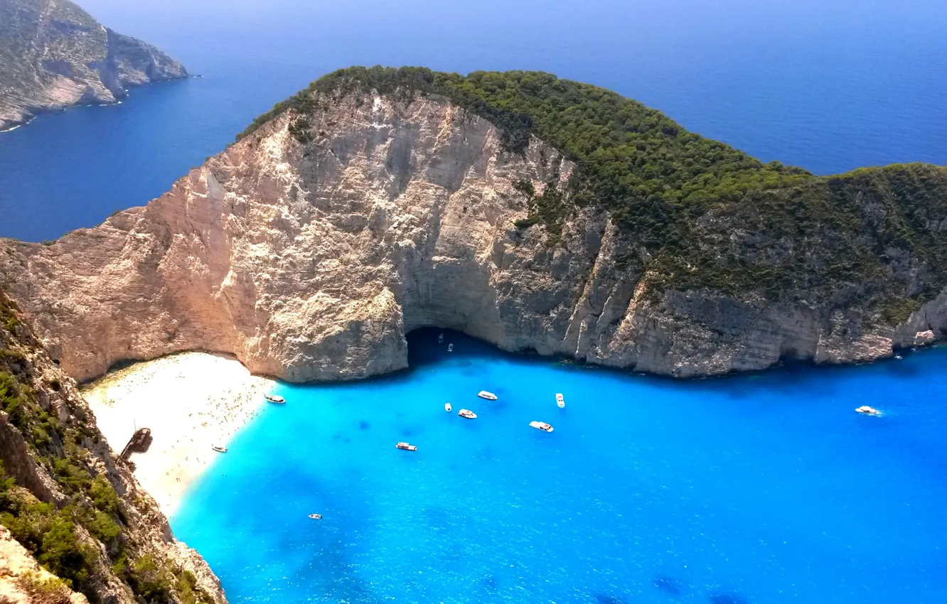Photo wallpaper beach, rocks, boat, island, yacht, Greece, The Ionian sea, Zakynthos