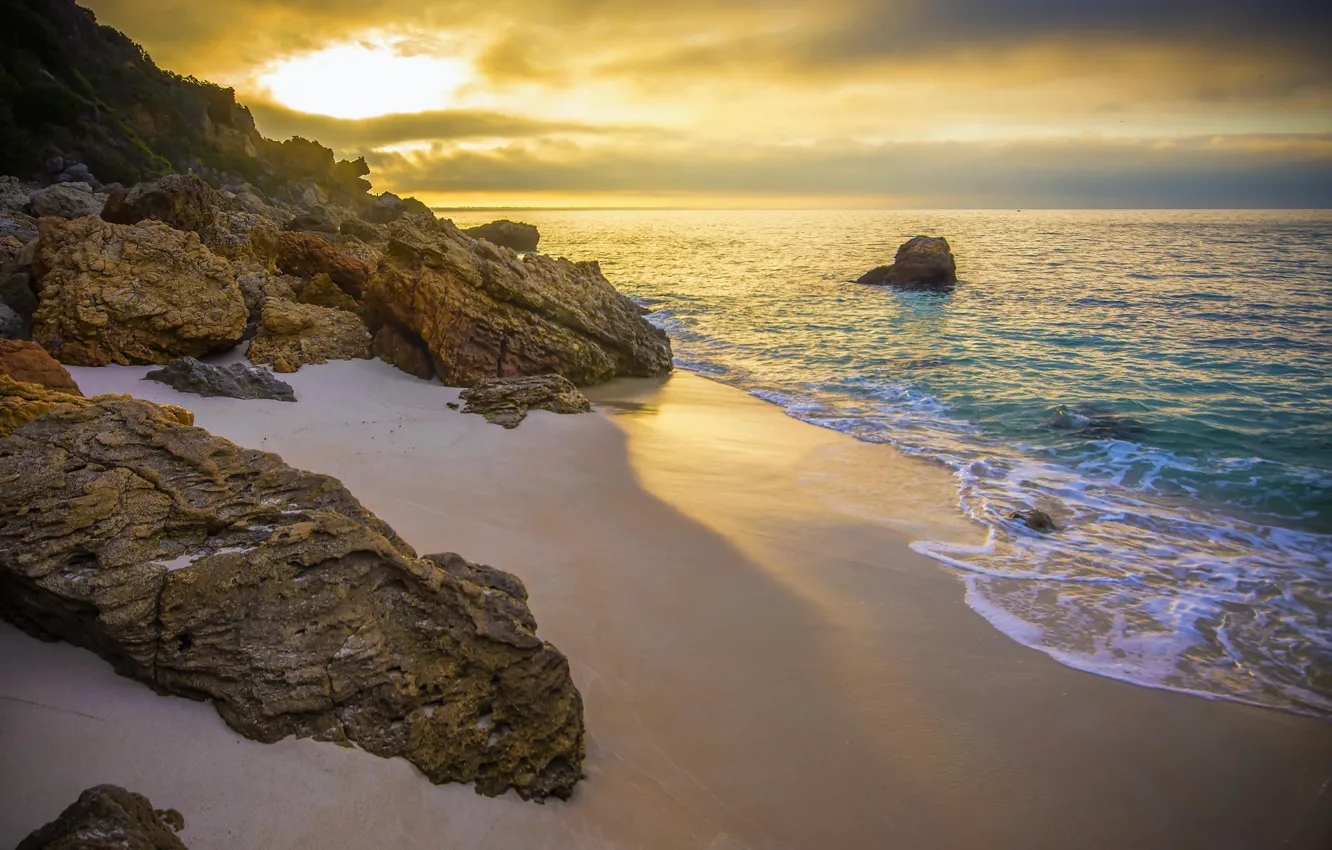 Photo wallpaper sand, beach, the ocean, rocks, dawn, coast