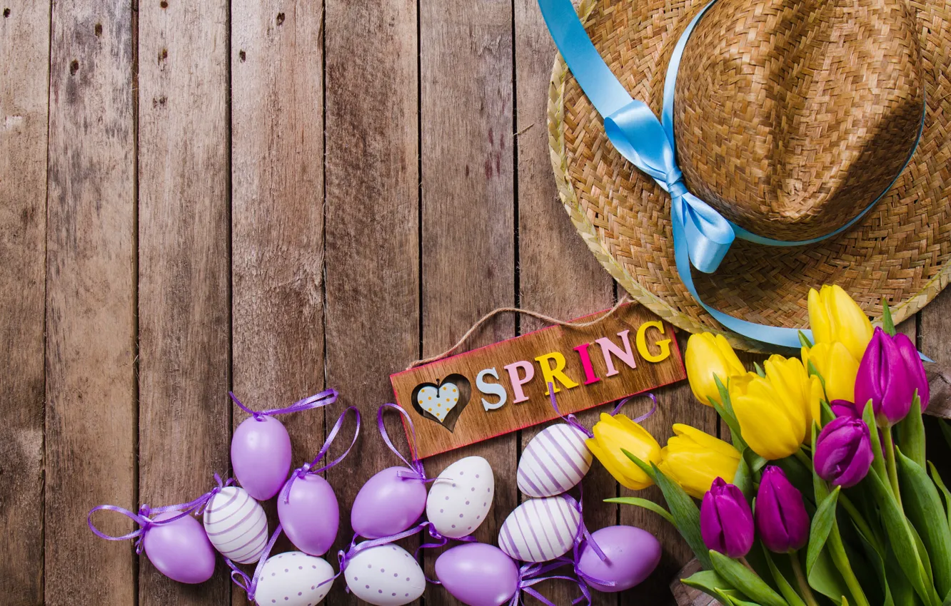 Photo wallpaper flowers, yellow, eggs, spring, colorful, Easter, tulips, flowers