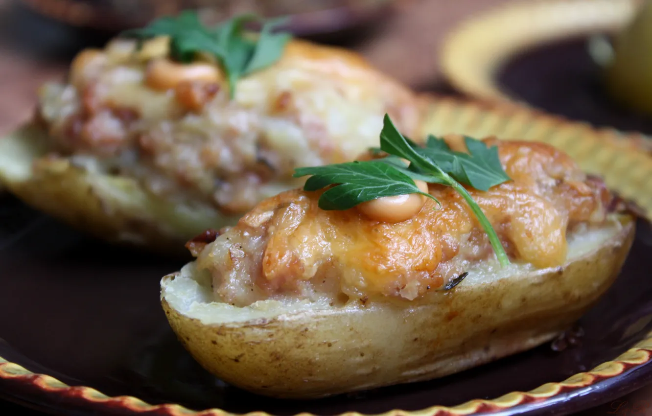 Photo wallpaper greens, food, cheese, meat, sauce, appetizer, potatoes