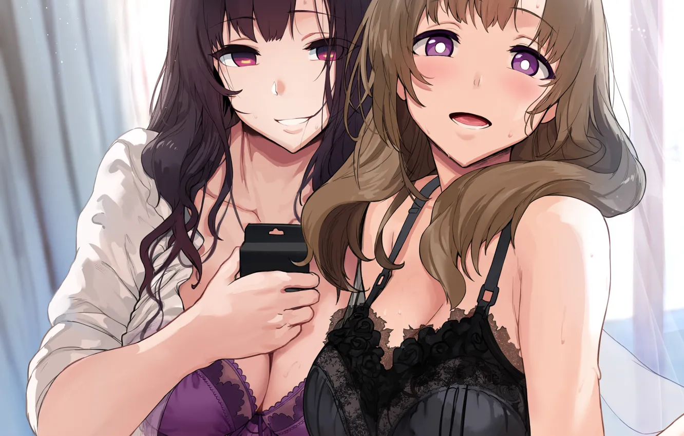 Photo wallpaper girl, sexy, lingerie, bra, cleavage, blouse, long hair, brown hair