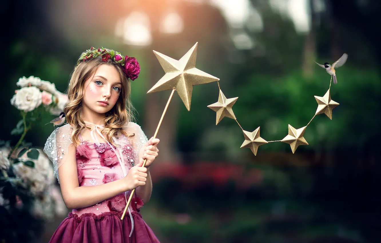 Photo wallpaper stars, bird, girl, wreath, Ashlyn Mae