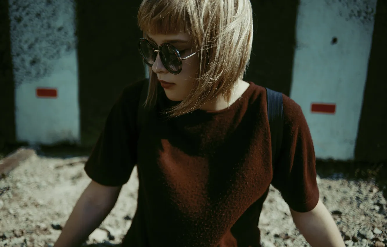 Photo wallpaper girl, glasses, t-shirt, hairstyle, blonde, bokeh