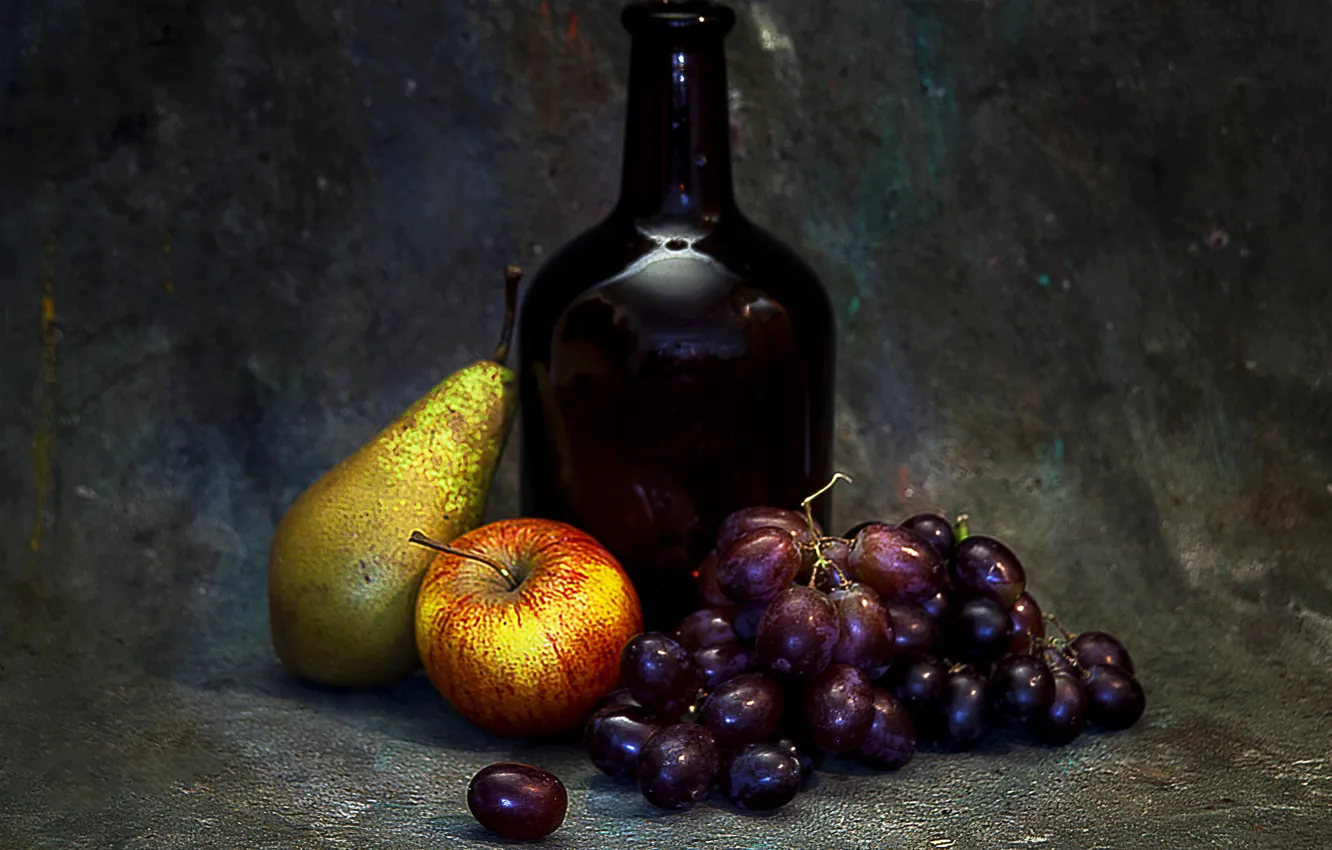 Photo wallpaper photo, apples, bottle, styling, grapes, still life, pear, pseudoeuops