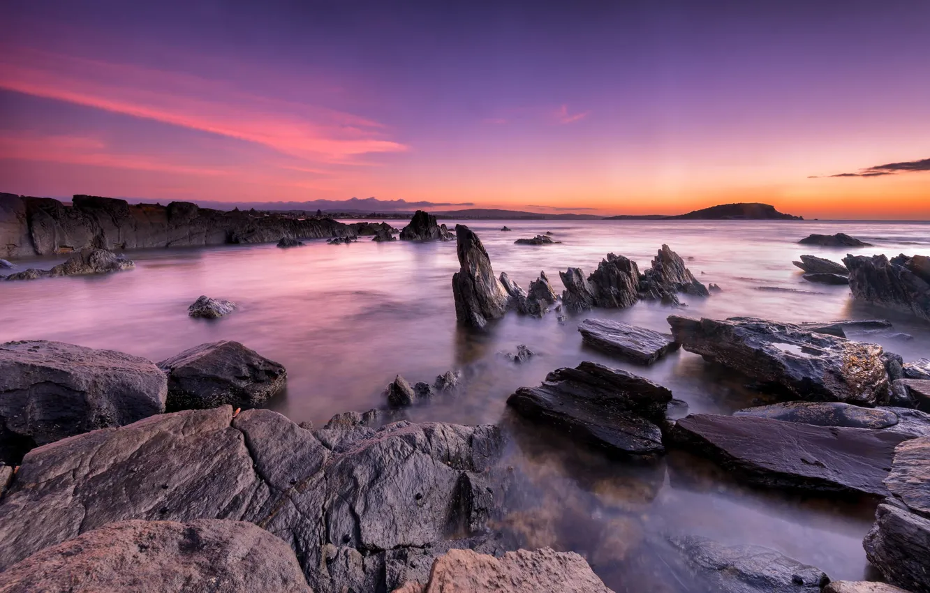 Photo wallpaper nature, the ocean, rocks, dawn