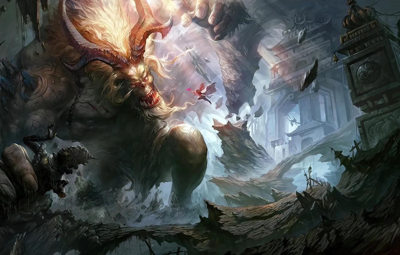 Photo wallpaper the wreckage, rocks, monster, warrior, art, horns, temple, giant