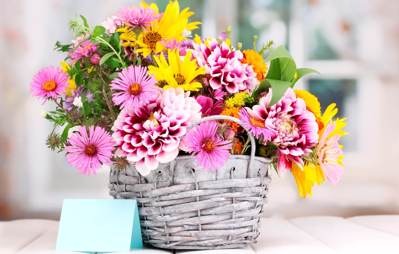 Photo wallpaper flowers, bouquet, a basket of flowers