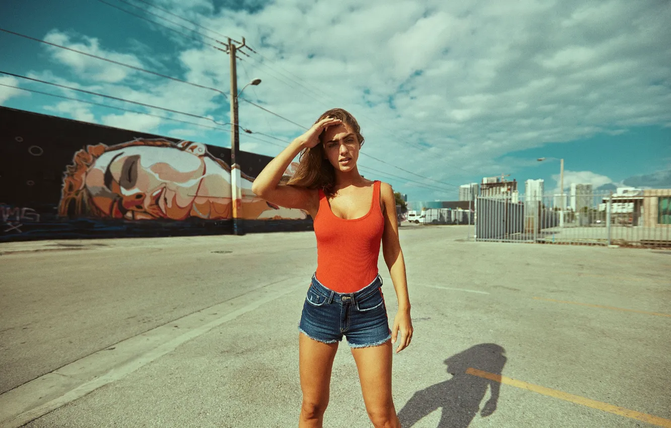 Photo wallpaper girl, the sun, street, Mike, figure