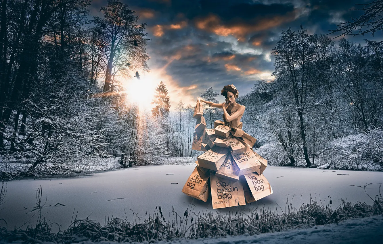 Photo wallpaper winter, forest, girl, clothing, package