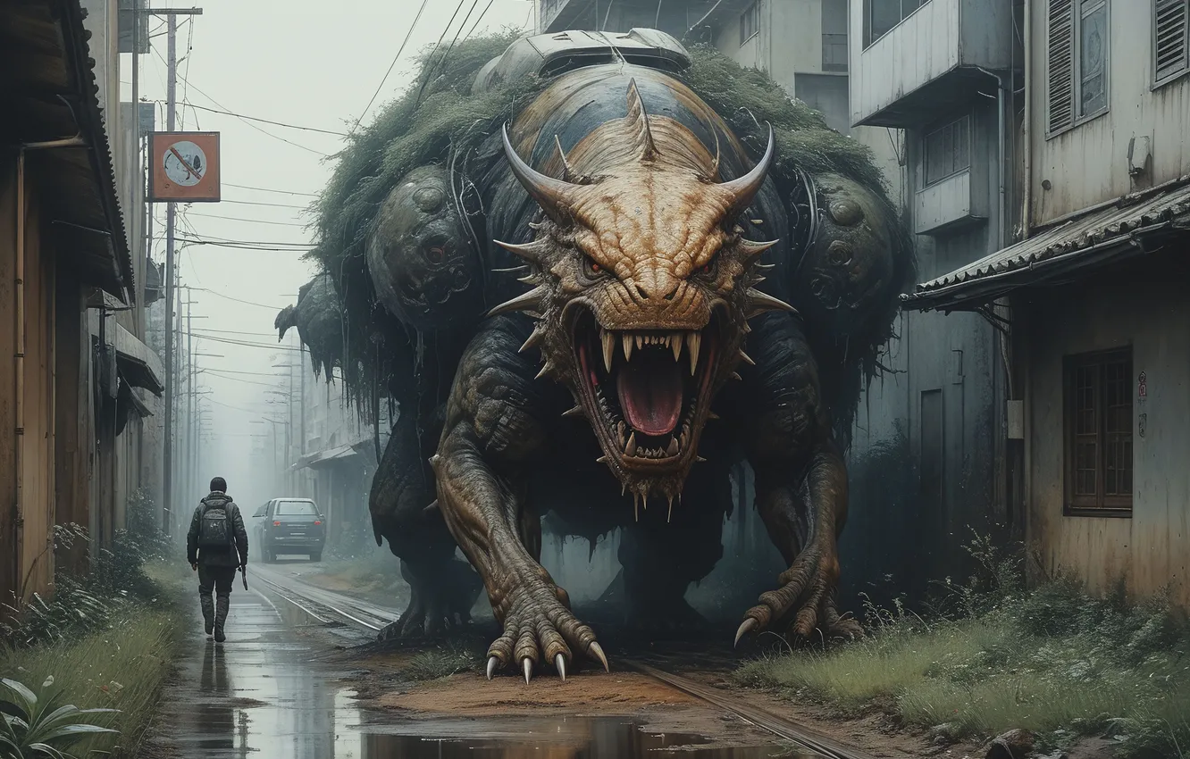 Photo wallpaper the city, street, people, dinosaur