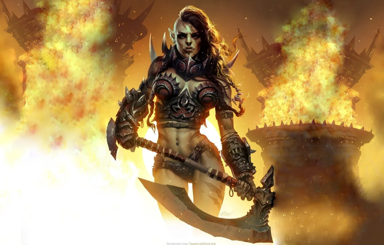 Photo wallpaper lights, flame, axe, World of Warcraft, axe, warrior, axe, Dmitry Prozorov